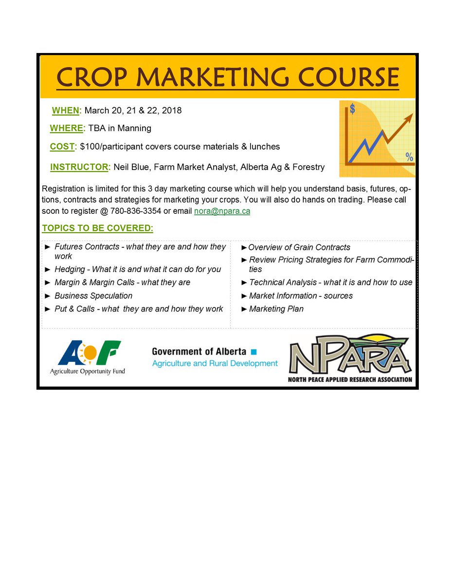 Nora_Paulovich's tweet image. Sign up today for a 3 day crop marketing course with Neil Blue #grainmarketing #cropprices #futurescontracts #hedging