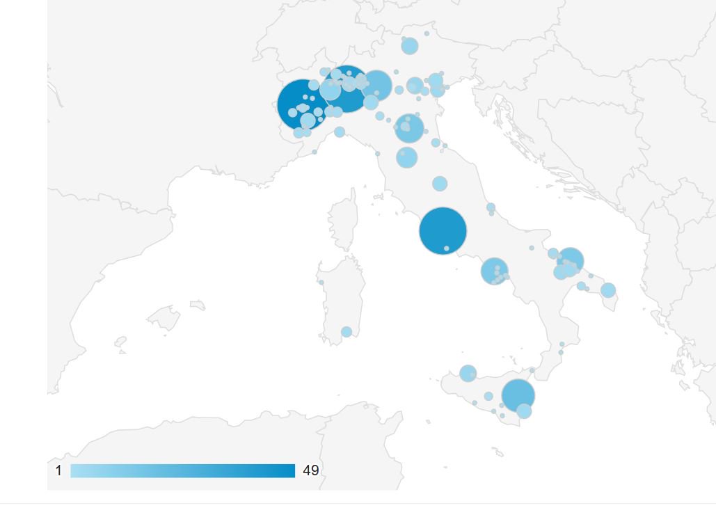 mathcitymap's tweet photo. Italian teacher  use #mathcitymap in a #MOOC which is provided by #UniTo  (University of Torino). Circles shows the #MCM activity. https://t.co/2N3Pq8h9wL