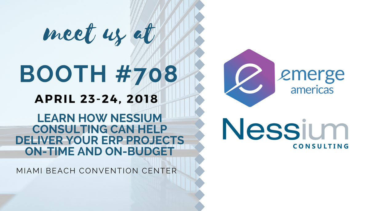 NessiumUS's tweet photo. We're excited to participate in @eMergeAmericas Stop by booth 708 and say hi! We'll be happy to show you how Nessium Consulting helps deliver #ERP and #BI projects on-time and on-budget. #eMerge2018 #MiamiTech #Innovate #latamtech #DigitalEconomy #TechConference #Tech https://t.co/wpiImaW6zS