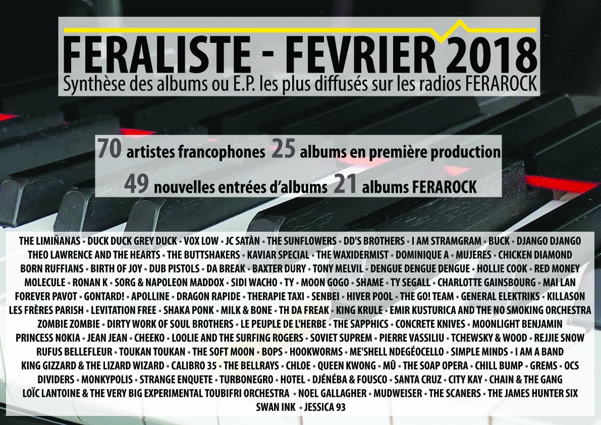 FERAROCK's tweet photo. Découvrez la FERALISTE - FEVRIER 2018 ► https://t.co/eibSCu7ClW cc @theliminanas @becausemusic @rockalacasbah @JC_SATAN @Iamstramgram1 @buckbuckband @thedjangos @TheButtshakers @HowlinBananarec @ChickenDiamond @dubpistols @shamebanduk @RedMoneyMusic ...✌ https://t.co/Mz8PhMQiS4