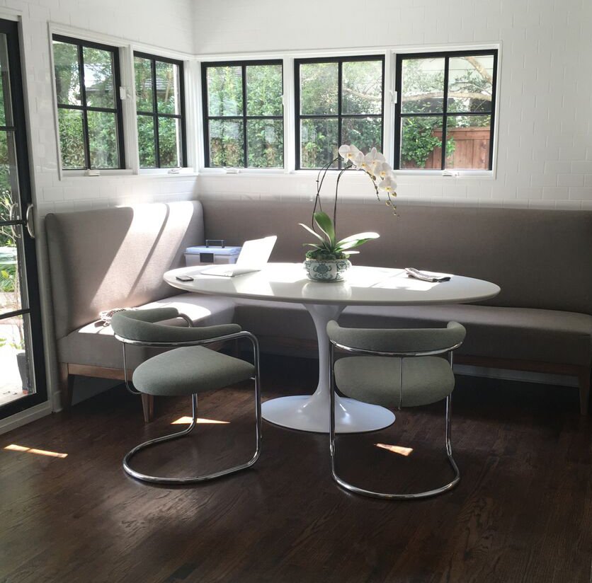 SpruceAtHome's tweet photo. Custom banquette, refurbished Knoll tulip table with custom quartz top and reupholstered Milo chairs for our favorite Dallas family.  #spruceupholstery #spruceathome #sprucedesign https://t.co/pgKHCqsCdB