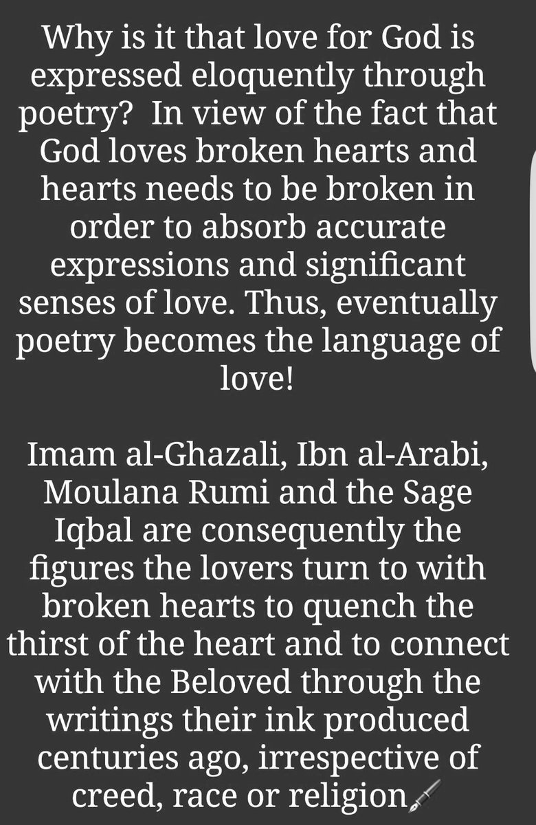 HumairaFatima92's tweet photo. Poetry;
The communication of the Saints
The writing of the wise
The cure for the broken
The peace of storms
The description of feelings
The master of the senses https://t.co/ASR0p1Zbmw