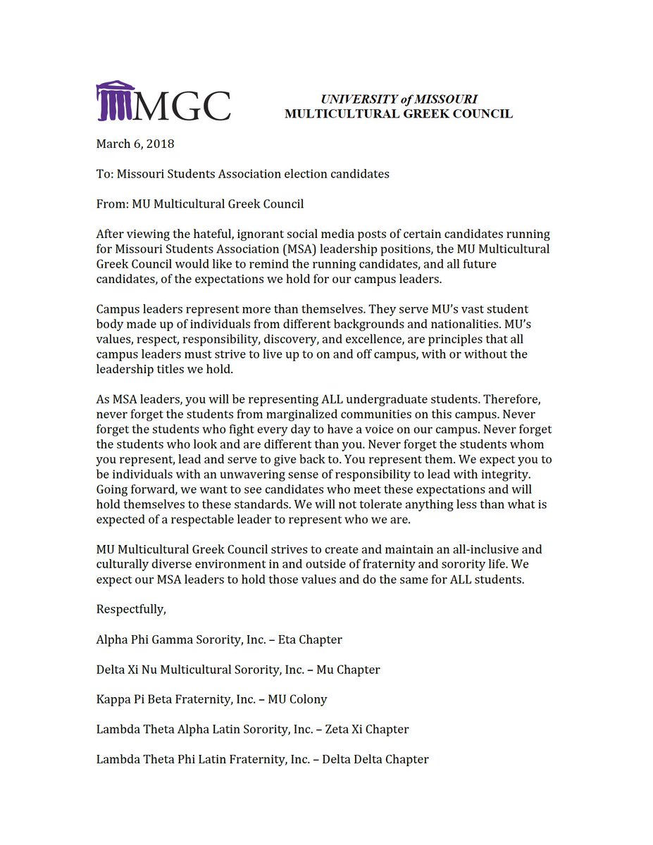 mizzoumgc's tweet photo. In light of the hateful social media posts made by @MSAmizzou recent and previous election candidates, we would like to address the expectations we have for current, and future, MSA candidates hoping to lead our University's undergraduate student body. @BECmizzou https://t.co/pC8Z7BiC5o