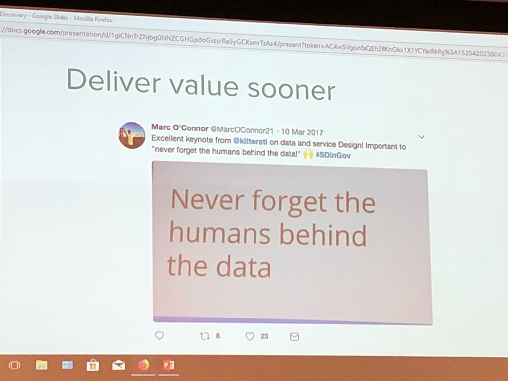 MarcOConnor21's tweet photo. Honoured that my tweet from last years #SDinGov made it into the excellent talk on ‘just enough discovery’ @pivotallabs #TwitterInception #FamousTweet https://t.co/QZrWiGUIJO
