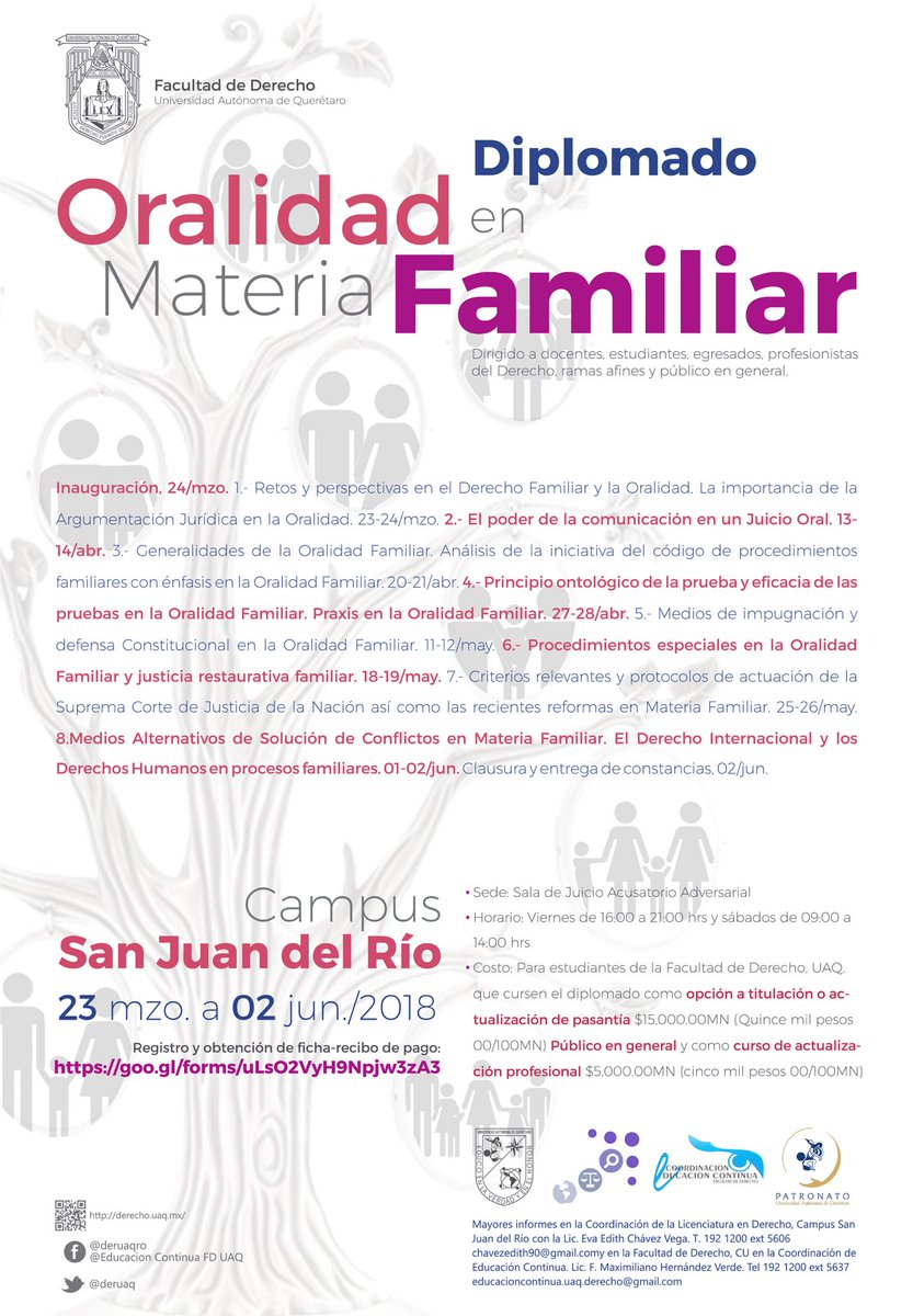 derecho_uaq's tweet photo. Diplomado Campus San Juan Del Río. 
“Oralidad en Materia Familiar”
23 de marzo al  02 de junio 2018. https://t.co/H50PAIavZ5