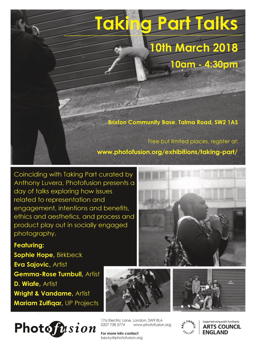 _socialpractice's tweet image. Discussing the Taking Part residency, and issues related to representation and engagement, intentions and benefits, process and product, and ethics and aesthetics, within socially engaged photography. Saturday the 10th of March. asocialpractice.com/taking-part-ta…