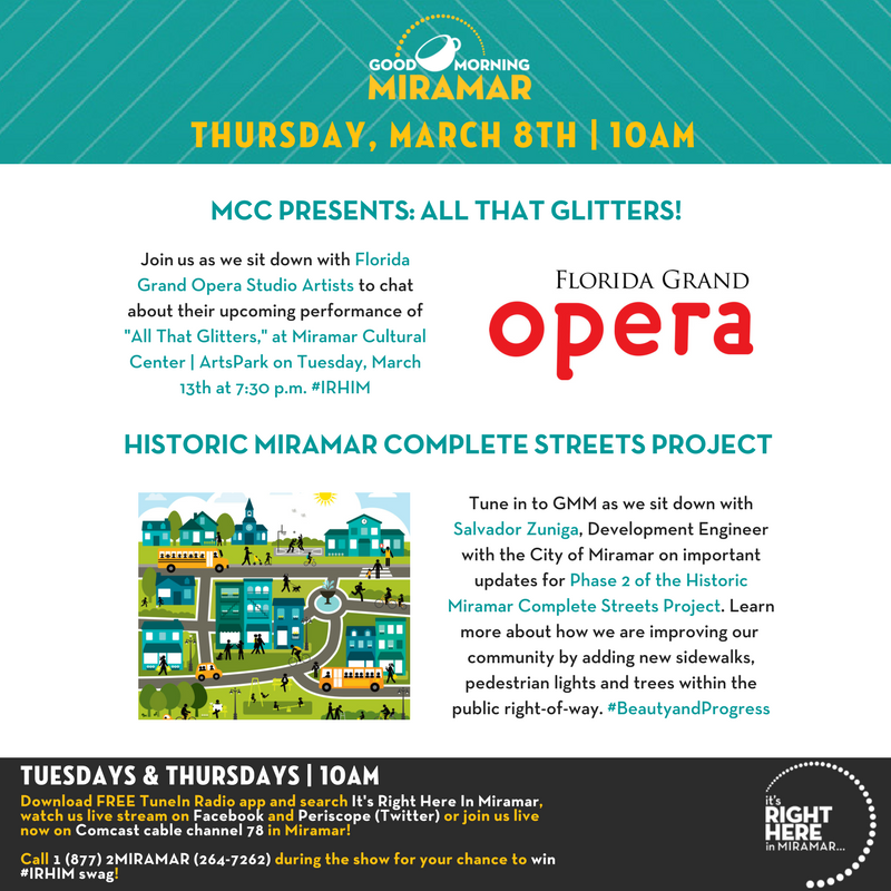 CityofMiramar's tweet photo. TMRW ON #GMM: Be sure to join us as we sit down with @FGOpera about their “All that Glitters” performance @miramarcultural! #IRHIM https://t.co/5eDNHpi3rX