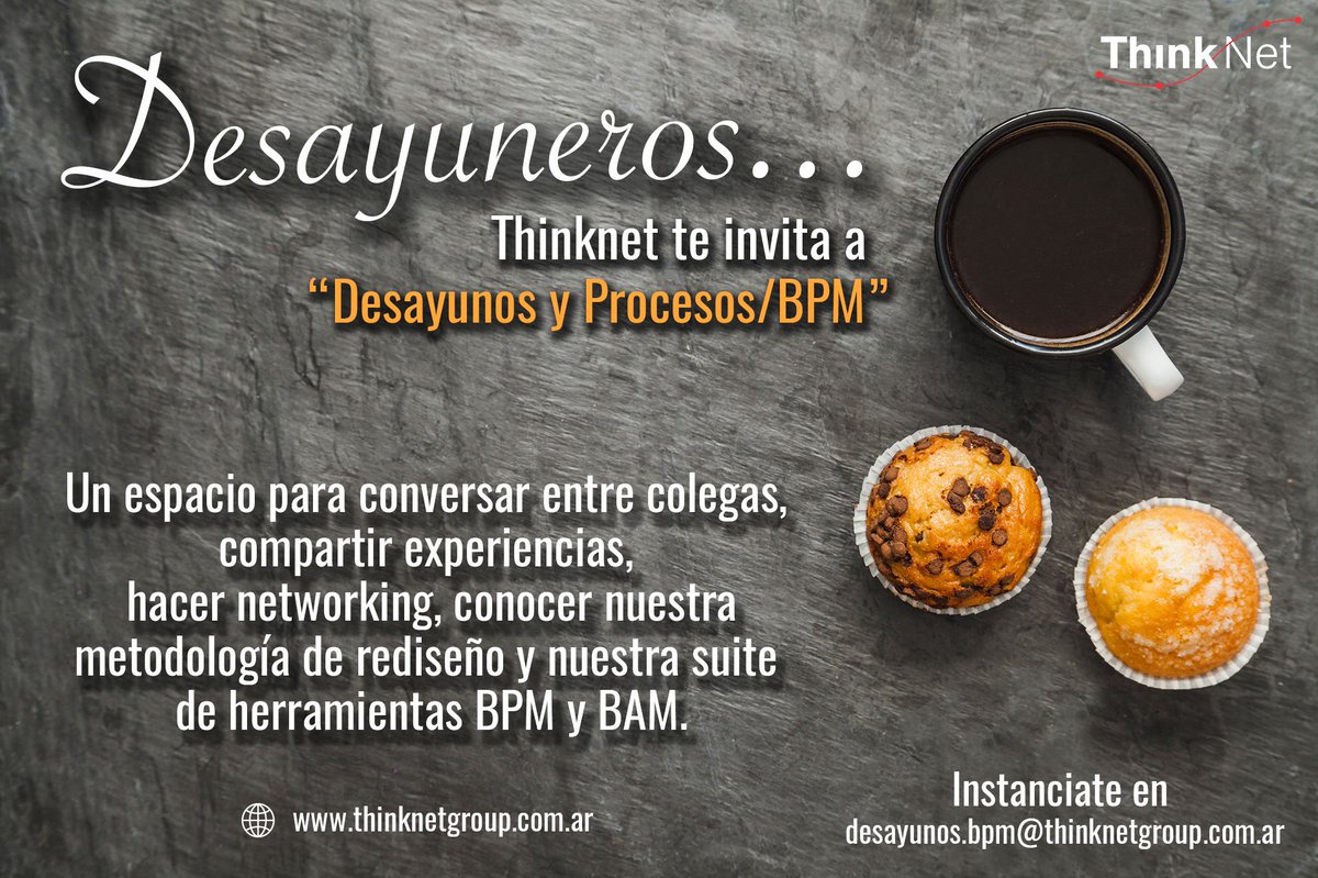 AlejoGauchat's tweet photo. "Desayuneros", colegas de "Procesos y BPM"....
Nuestro primer desayuno gratuito será el día 21 Marzo 2018 a las 9am
Contactense y dejen sus datos para agendarlos en: desayunos.bpm@thinknetgroup.com.ar
#bpm #workflow
@Gus_Giorgetti https://t.co/073uQBF7z1
