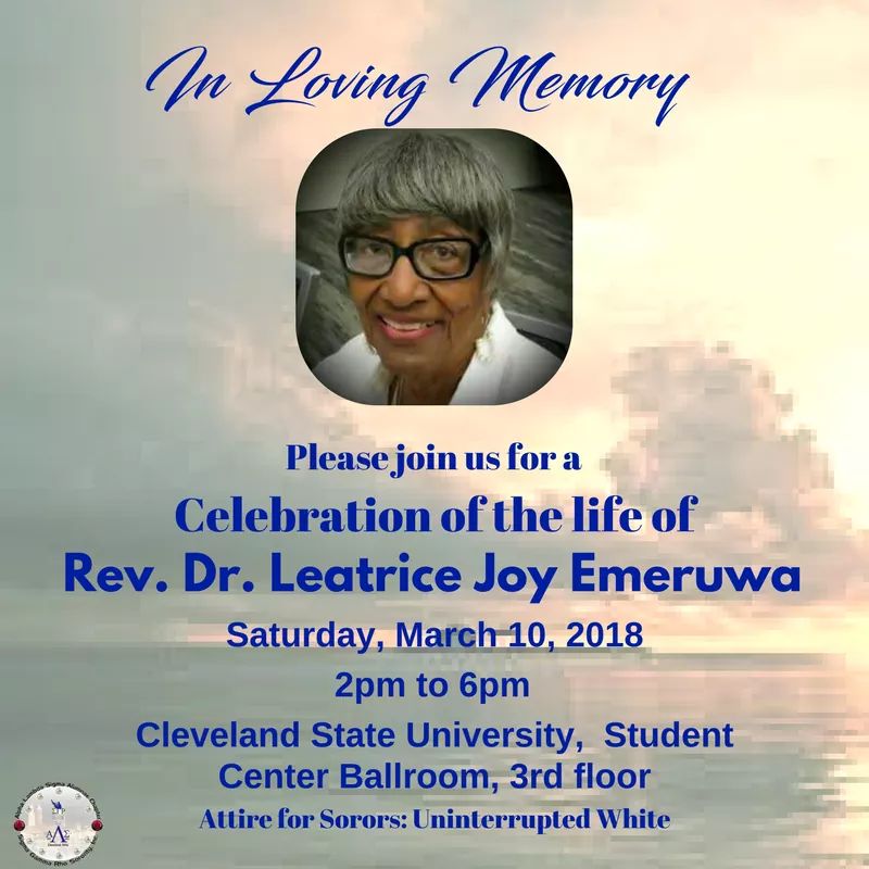 als_sgrhos's tweet photo. Please join us as we celebrate the life of our beloved Soror Rev. Dr. Leatrice Joy Emeruwa. #ALSRHOcks https://t.co/4XpJv4Tpvy