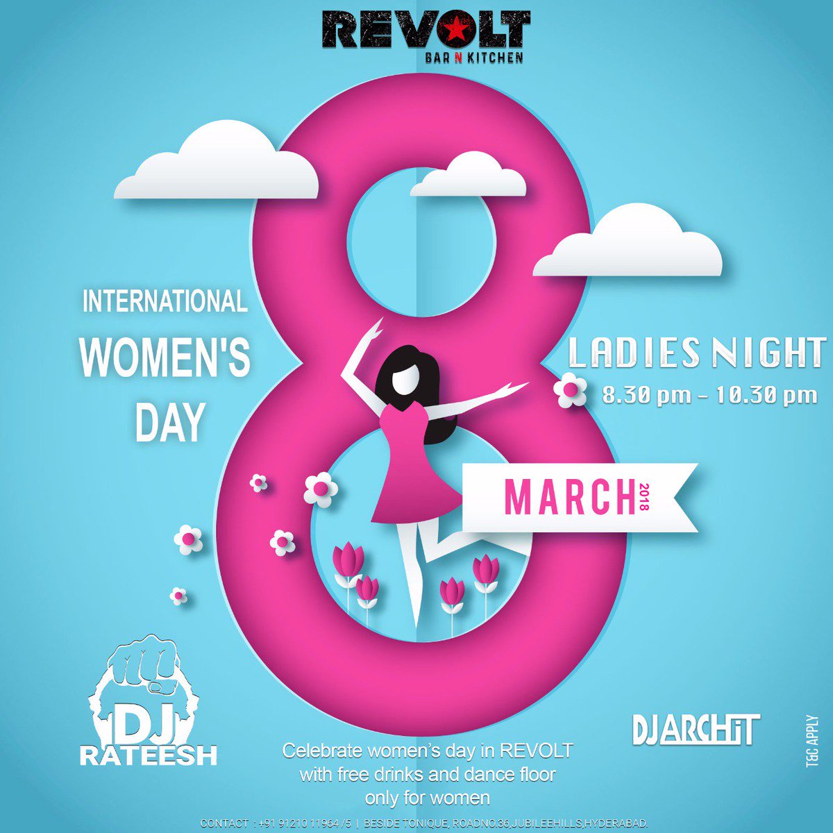 saibandreddi's tweet photo. All the Ladies out there💃! Celebrate #WomensDay @RevoltBnK
to thank all the women in the world with complementary Drinks on the house
Don't For to get your girl gang
#Internationalwomensday 💃#LadiesNight #Music #Friends #Cocktails #FreeDrinks #Dance #Girls #Revolt #BarNKitchen https://t.co/yymoWmzL4F
