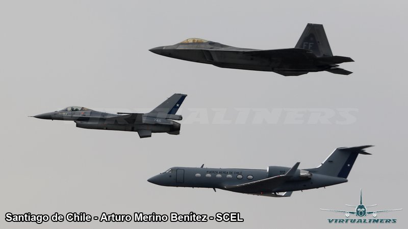 Virtualiners's tweet photo. FIDAE 2016: Formación entre General Dynamics F-16AM, 745, @FACh_Chile y el Lockheed Martin F-22A Raptor, 08-4166, @usairforce , mientras el Gulfstream G-IV, 912, sacaba fotos y videos.
@FIDAE_OFICIAL @Spotters_Chile #FIDAE2016 #FIDAE https://t.co/R750PwtNO3