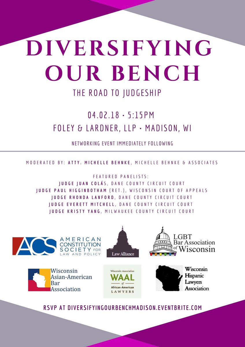 WAALawyers's tweet image. We’re hosting “Diversifying Our Bench: The Road to Judgeship” in Madison, WI! On April 2nd, join @acslaw #LawAlliance @LGBTBarWI @WAALawyers @WisconsinAABA and #WHLA at @FoleyandLardner for the panel. Register by March 28th: …sifyingourbenchmadison.eventbrite.com #diversity #judges #law