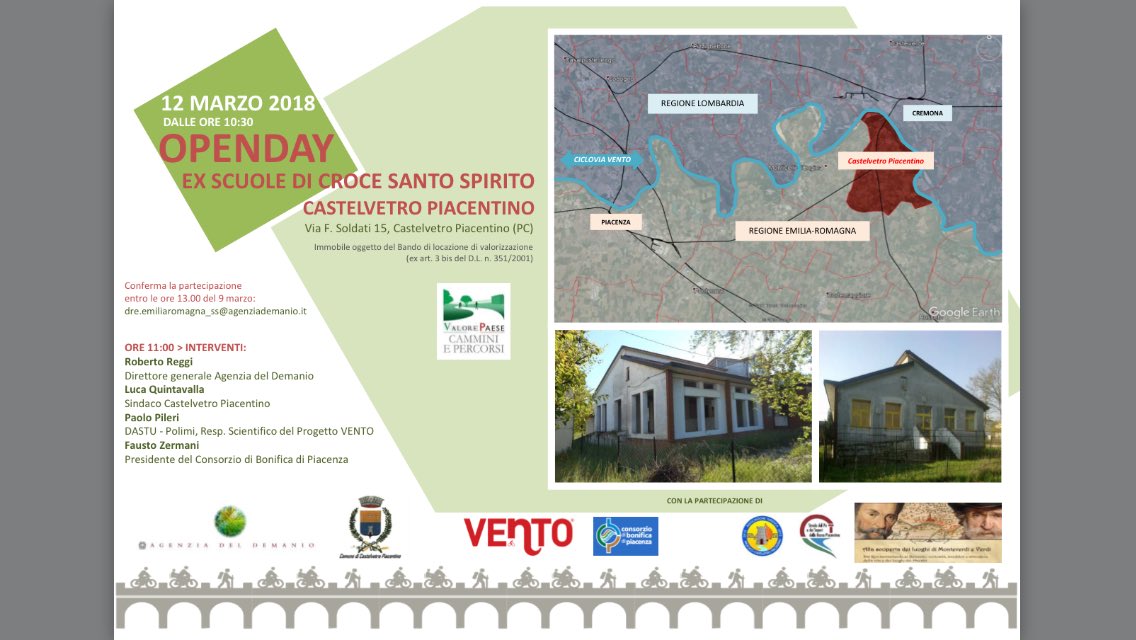festeggiantina's tweet photo. #camminiepercorsi @agenziademanio savethedate 12 marzo OPENDAY EX SCUOLE Castelvetro Piacentino con @VentoPolimi e Consorzio di bonifica di Piacenza https://t.co/MJZZux2wl1