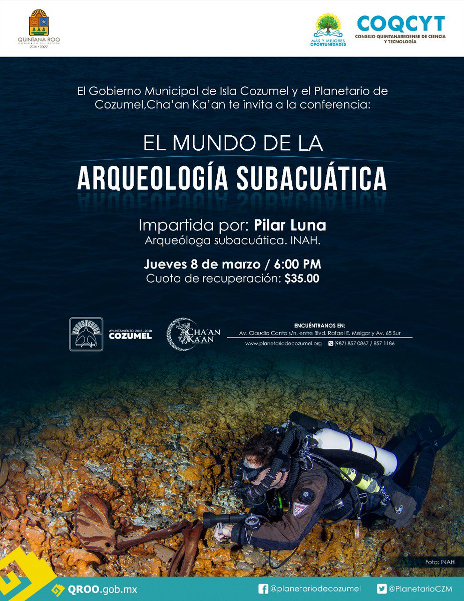ThingsToDoInCzm's tweet photo. Conferencia *Arqueología subacuática con la Dra. Pilar Luna, el jueves a las 18 hrs en Planetario.* ¡Los esperamos!
#Cozumel https://t.co/8Xc36BtqeB