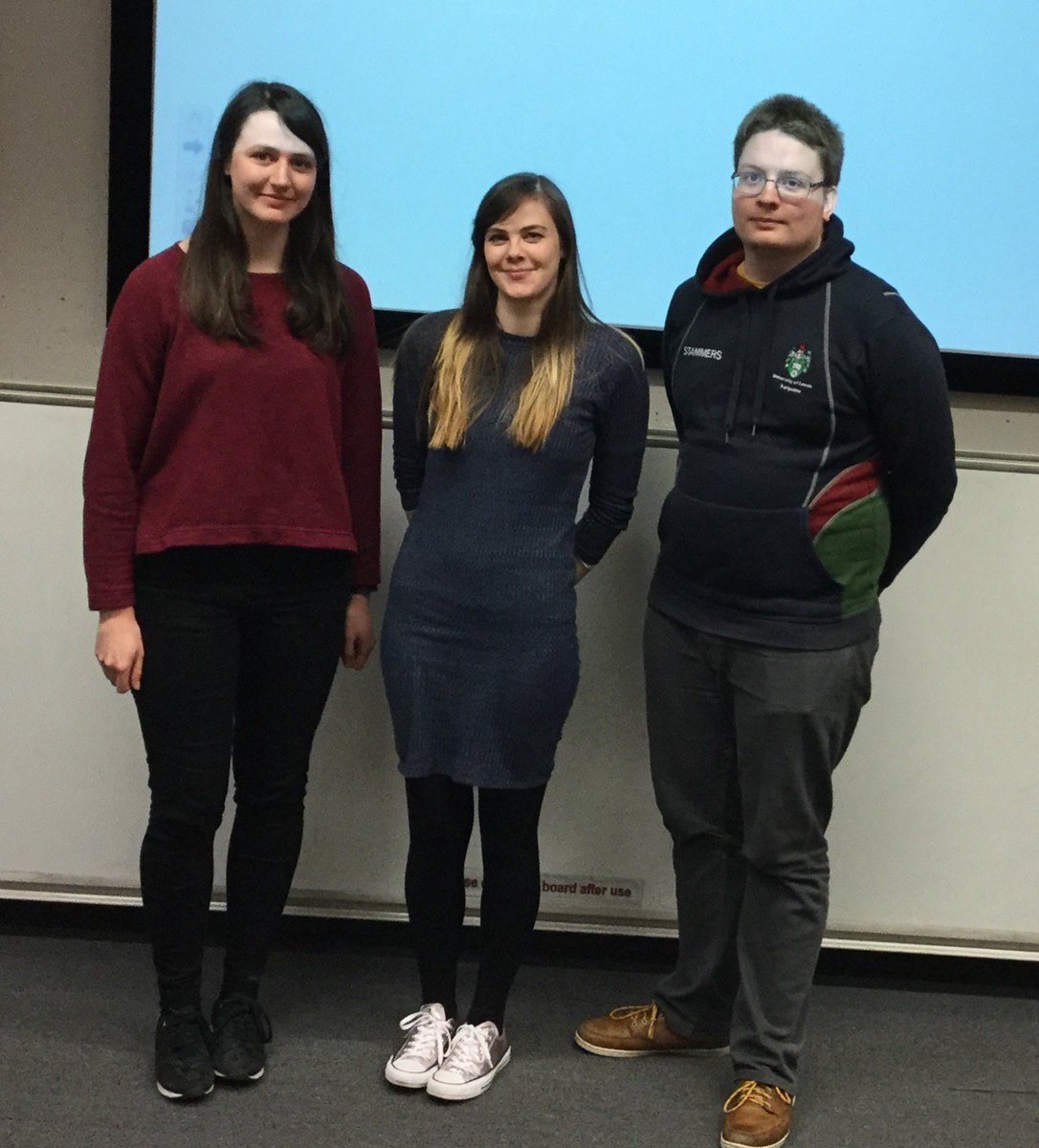 DouganGroup's tweet photo. Well done to Danielle Walsh (middle) for chairing the Molecular & Nanoscale Physics group research meeting with excellent talks from Fern Armistead (left) and Ashley Stammers (right) @physicsleedsuni #mechanical #CellDeformation #DNA #origami https://t.co/tHSnqbP2I0
