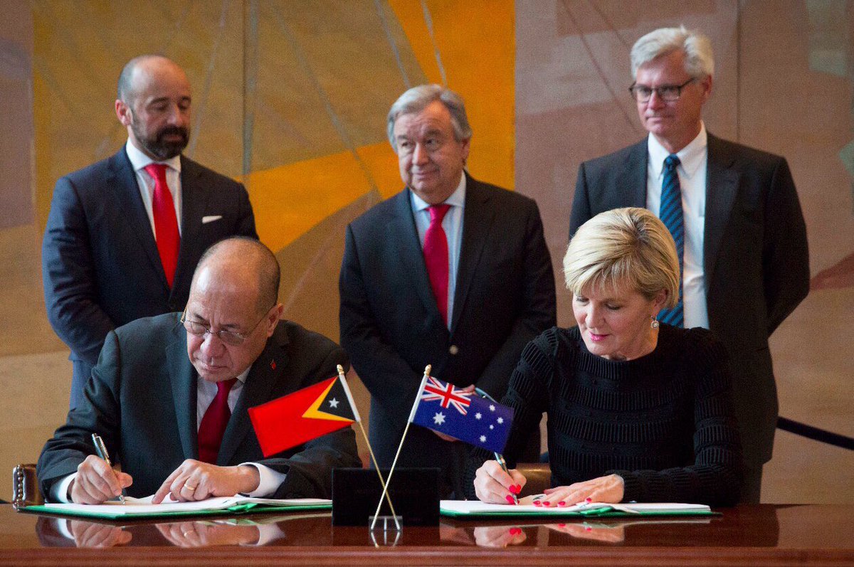 HonJulieBishop's tweet photo. Signing historic maritime boundary treaty with #TimorLeste @UN w #MinisterPereira – the world’s first #UNCLOS conciliation agreement 🇦🇺 🇹🇱 https://t.co/ME0t17yICr