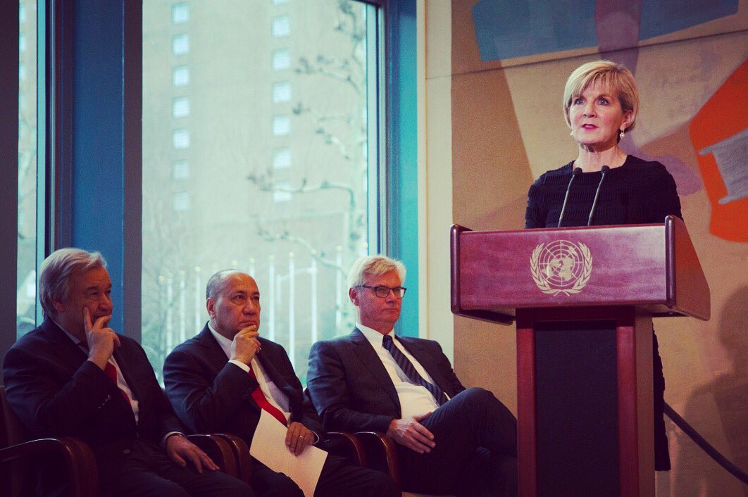 HonJulieBishop's tweet photo. Signing historic maritime boundary treaty with #TimorLeste @UN w #MinisterPereira – the world’s first #UNCLOS conciliation agreement 🇦🇺 🇹🇱 https://t.co/ME0t17yICr