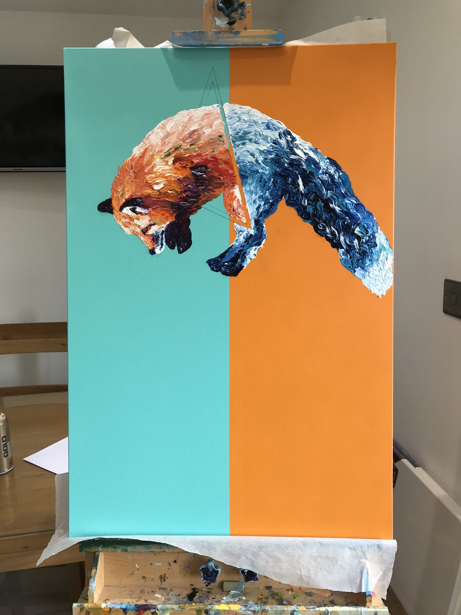 DavidAhernArt's tweet photo. My divided Fox. Need to leave dry before I add a gold leaf triangle around her, and of course need a title. Any idea? #fox #painting #oilpaint #impressionism #fingerpainting #fingerpainter #newforestart #newforest #davidahern #reborn #rebirth #orange #turquise #jumpingfox https://t.co/k3RahGrkGd