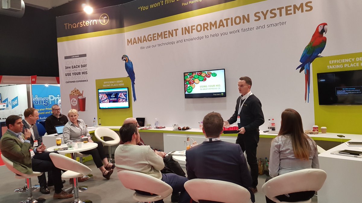 ePS_sw's tweet photo. Some stand visitors enjoying some free popcorn and drinks as they listen to our live demo of how to use an MIS to improve customer experience. #PWL #printweeklive https://t.co/YGGKlwFO5Q