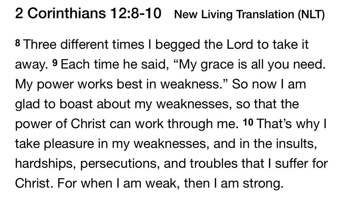 SLYFconnect's tweet photo. Read 2 Cor 12:8-10. Paul is saying that each weakness or trial is an opportunity to boast about the strength of Christ that helps us overcome. The power and sufficiency of Christ is manifested when we utilize the storehouse of Divine Strength afforded to us. #strength #sda #SLYF https://t.co/yZiNLIRodQ