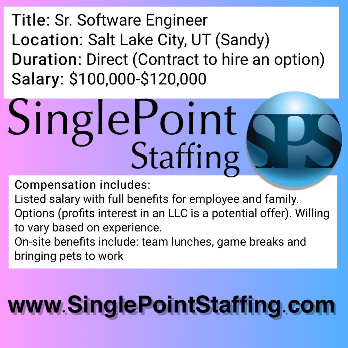 TheSinglePoint's tweet photo. #Tech #job in #Utah: Sr. Software Engineer needed. #Hiring candidate w/ skills in #Laravel, #MySQL, #MVC &amp; #WordPress.  #ApplyNow https://t.co/UzlslfNXPk https://t.co/9SL7vozzCF