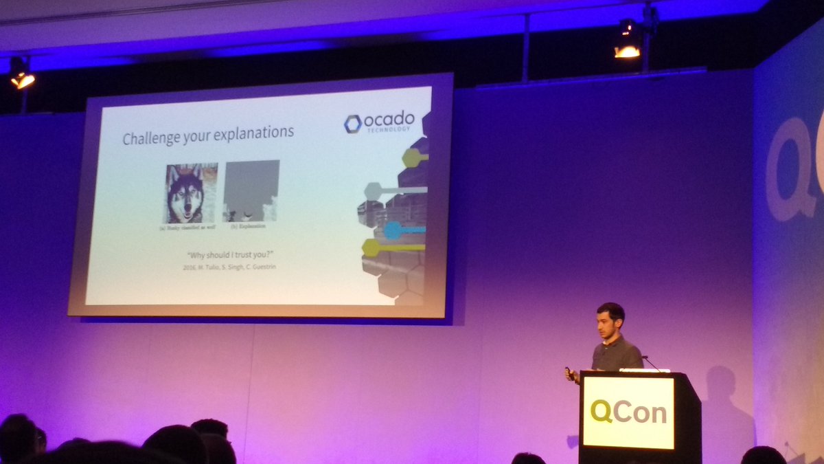matthewpskelton's tweet photo. "Make sure you use explanations when evaluating your neural networks" - Carlos Garcia of @OcadoTechnology - here, dog seen as a wolf due to snow ❄🐕 #qconlondon https://t.co/TVSCY1P6vd