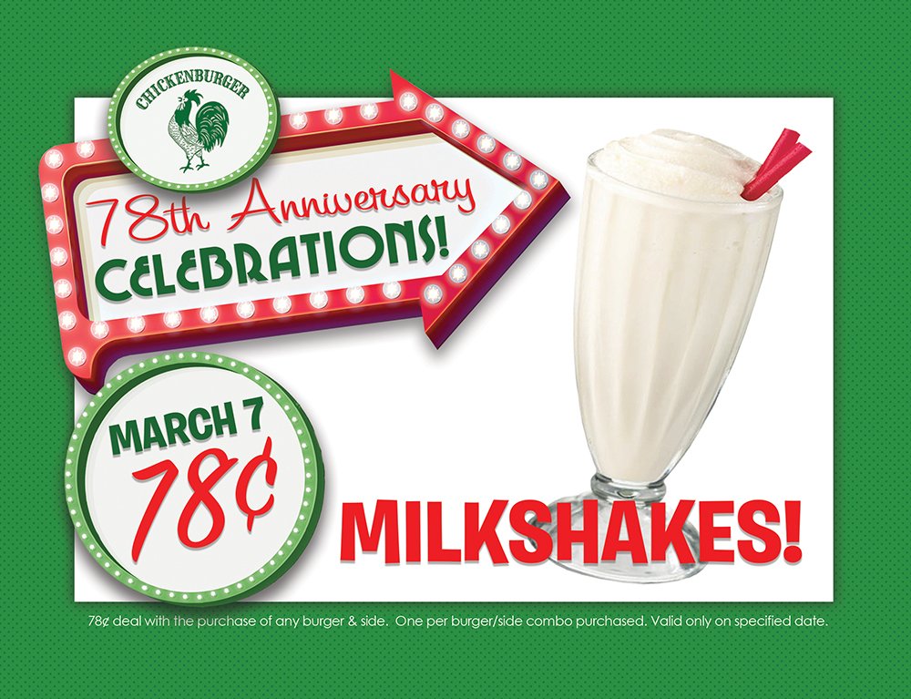 thechickburger's tweet photo. 🎉🎉 The anniversary celebrations continue! 78¢ Milkshakes with the purchase of and burger & side! Today only! 🎉🎉 #chickenburger78 #ilovelocalhfx #eatlocalhfx #localhalifax https://t.co/cRB8BRCZMo