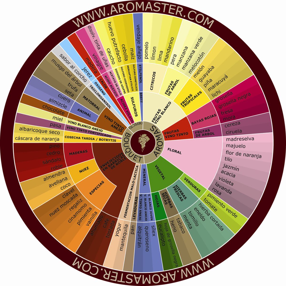 az3oeno's tweet photo. Las #ruedasdearomas son muy útiles a la hora de catar nuestros #vinos. Primero, ¿identificamos a qué familia de olores pertenece el #aroma o buscamos el olor exacto? https://t.co/Wf74xx6jgj