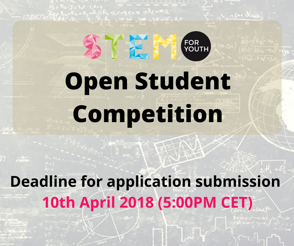 StemForYouth's tweet photo. Delivery date for your project summary for the STEM4youth Open Student Competition  is on 10 April (5:00PM CET)
https://t.co/kv4YjyYu19
Join the #competition and you have chance to participate in a scientific trip to #CERN https://t.co/G72KKcFEaN