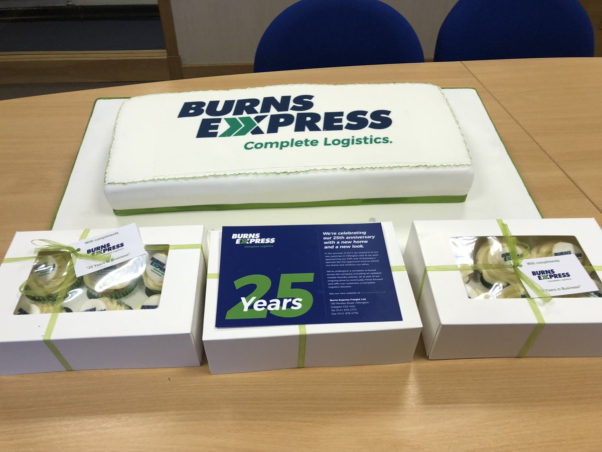 BurnsExpress's tweet photo. In Feb 1993 Burns Express was newly formed and soon after we delivered our first pallet with our one and only truck. 25 years on and we have over 40 vehicles and 65 staff dealing with up to 700 pallets per day.  It has been some journey ! Hope everyone enjoys their cakes ! https://t.co/YRIFeAiJdT