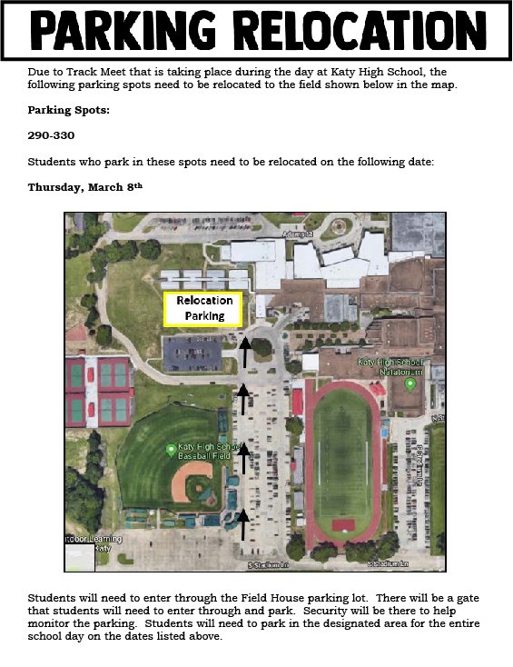 KatyTigerMedia's tweet photo. PARKING RELOCATION FOR TOMORROW 3/8
Due to Track Meet that is taking place during the day at KHSl, the following parking spots need to be relocated.  See the attached map.
Parking Spots:290-330
Student who park in the Natatorium lot need to have their vehicles moved by 3 PM https://t.co/E464KWjisX