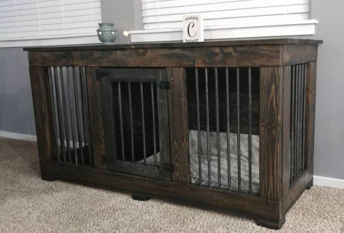 _PWFurniture's tweet photo. We love seeing the different ways people finish the pieces in their house. Check out the beautiful dark stain on this dog kennel! #diy #doityourself #craftsmanship #woodworking #stain #finish #furniture #dogkennel https://t.co/31tdmYOuot