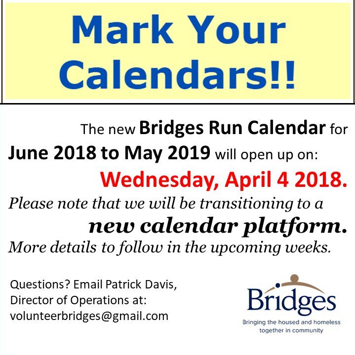 BridgesSummitNJ's tweet photo. Bridges Run Calendar for 06/18 -05/19 opens 4/4/18. We are moving to a new calendar platform. Stay tuned. https://t.co/qDMDAUeD49