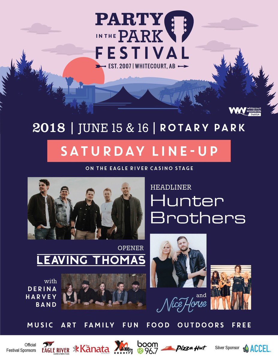 HunterBros's tweet photo. We’re PUMPED to hang out with @LeavingThomas @nicehorsemusic @DerinaHarvey and all the great people of #Whitecourt at Party In The Park 2018! @EthanVanVaals https://t.co/iy0Gfr3NT4