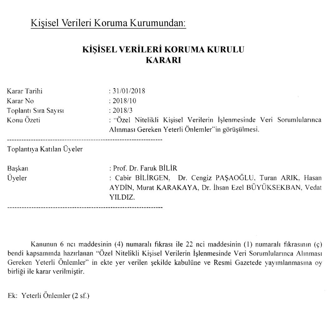 Özel nitelikli kişisel verilerin işlenmesi ile ilgili karar resmi gazetede yayınlandı.