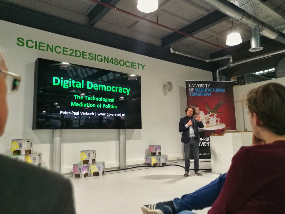 DesignLabUT's tweet photo. The event #DigitalDemocracy with @RathenauNL has started! @ppverbeek kicks off with a 'brain massage' on how (new) technology relates to politics, and how deep its implications for society can be. #DesignLabUT https://t.co/YXmIZ65a7Y