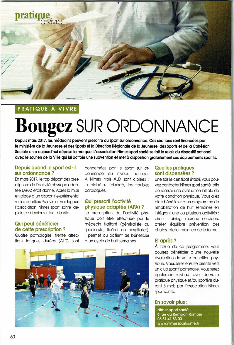NimesSportSante's tweet photo. Un article sur #N2S et son dispositif " Bougez sur Ordonnance", qui est paru dans #VivreNîmes
#sportsanté #ordonance #activitéphysique #EAPA #Nîmes https://t.co/FRNpw93niy