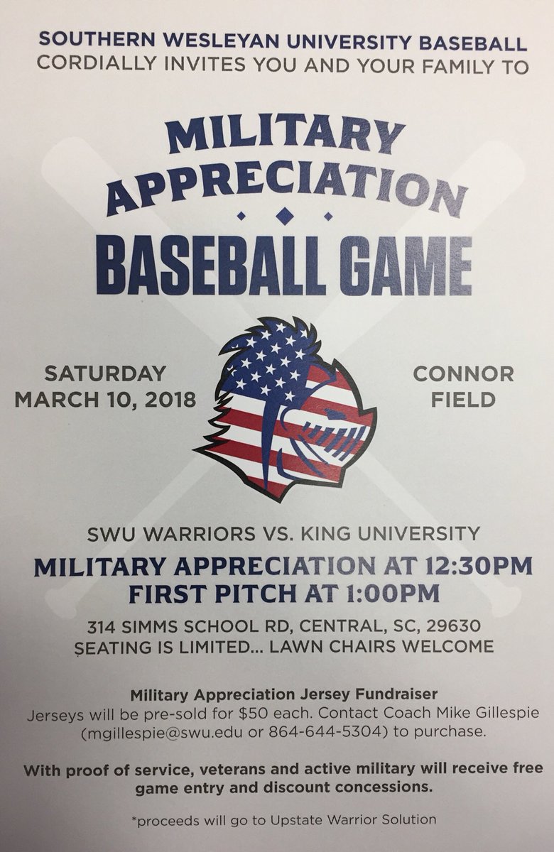 SWUBaseball's tweet photo. We still have 14 jerseys left to be purchased for Military Appreciation Day this Saturday 12:30pm. Proceeds going to Upstate Warrior Solution @upstatewarrior Great way to support a local organization and pickup a souvenir from the event! https://t.co/hxM31hnCeU