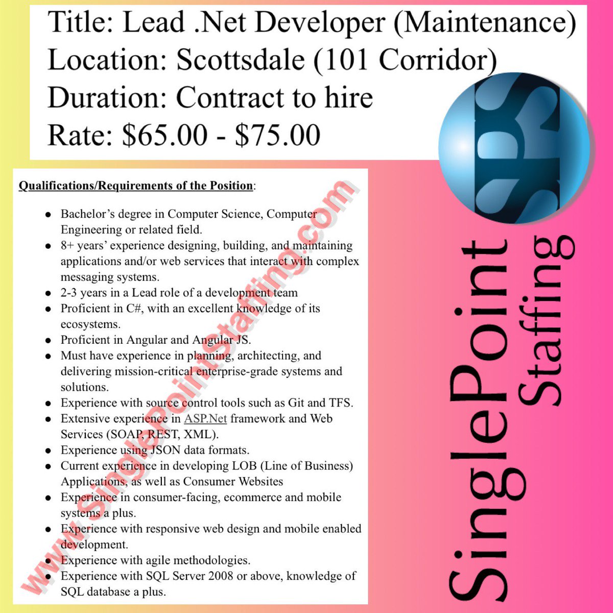 TheSinglePoint's tweet photo. Lead .Net Developer (Maintenance): #Tech #job in #Arizona requires #JSP, #SQL, #MVC &amp; Angular experience. #Apply here:  https://t.co/UzlslfNXPk https://t.co/LZVwNIDnnW
