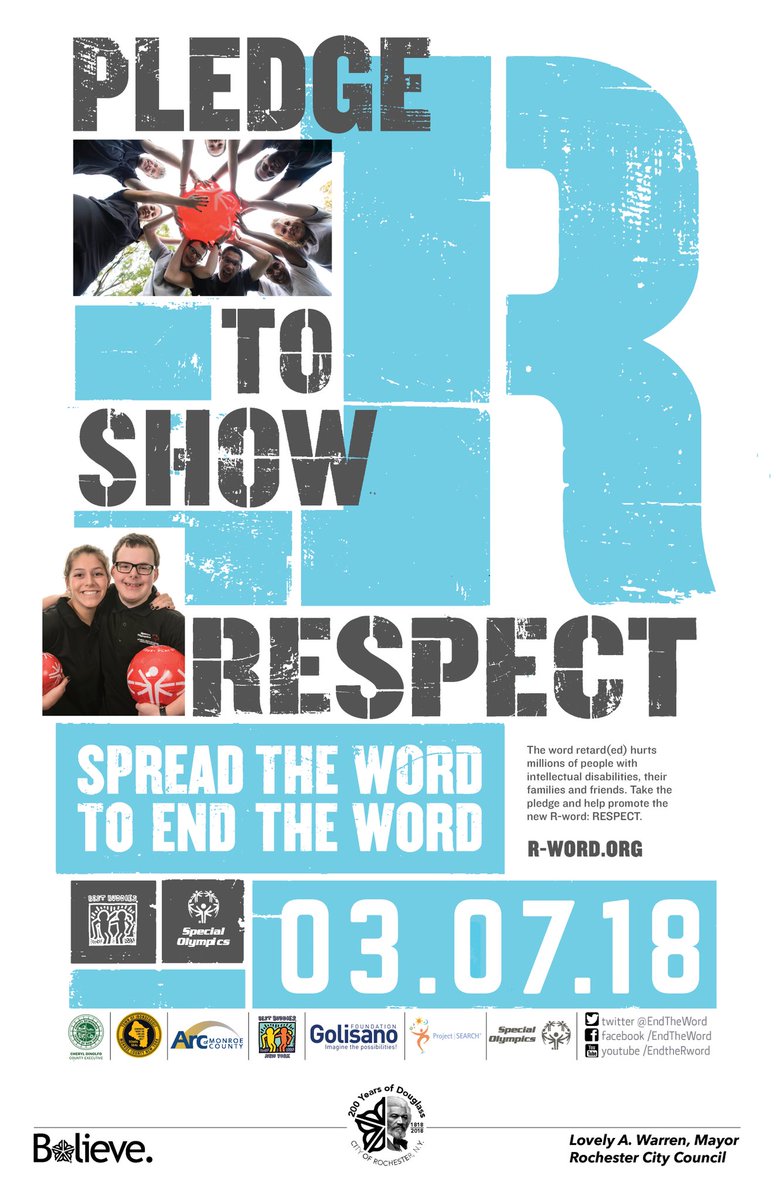 CityRochesterNY's tweet photo. Mayor Lovely Warren joins @GolisanoFdn @SpecialOlympics, @BestBuddiesNY & @CherylDinolfo to @EndTheWord, proclaiming “Spread the Word to End The Word Day” in Rochester & Monroe Co.! Take the pledge at https://t.co/VYaxTAInWS & promote the new r-word: #RESPECT #ROCrespect #roc https://t.co/hVjrqjQ2KX