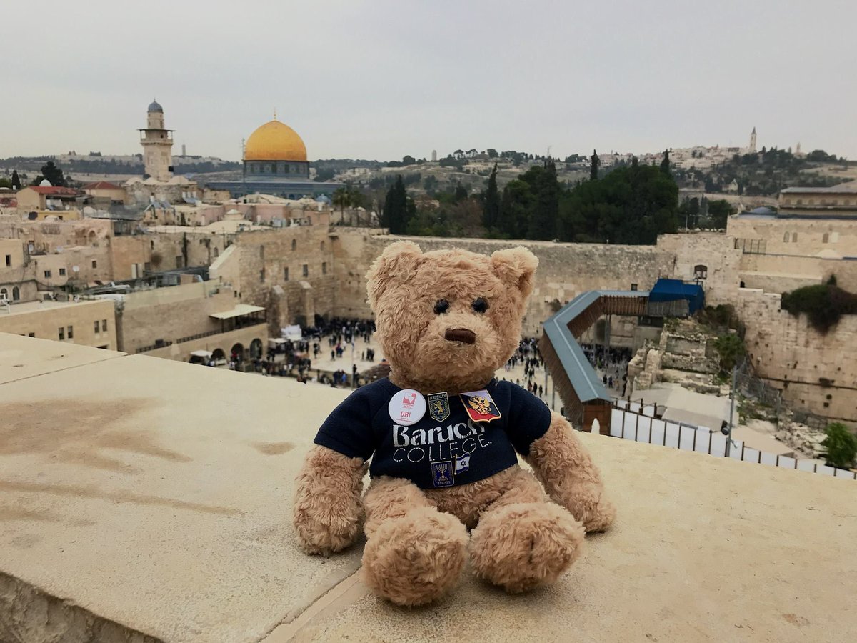BaruchAdmission's tweet photo. Our best friend is still on the move with alumni Carolina Iglesias! This photo was taken in Jerusalem! Check out Teddy's new fashionable pins! Coming up next .. Teddy in Paris, and San Francisco! Stay tuned to see where our travel-loving bear goes next! #teddytravels @TeddyBaruch https://t.co/brmmEe5jiQ