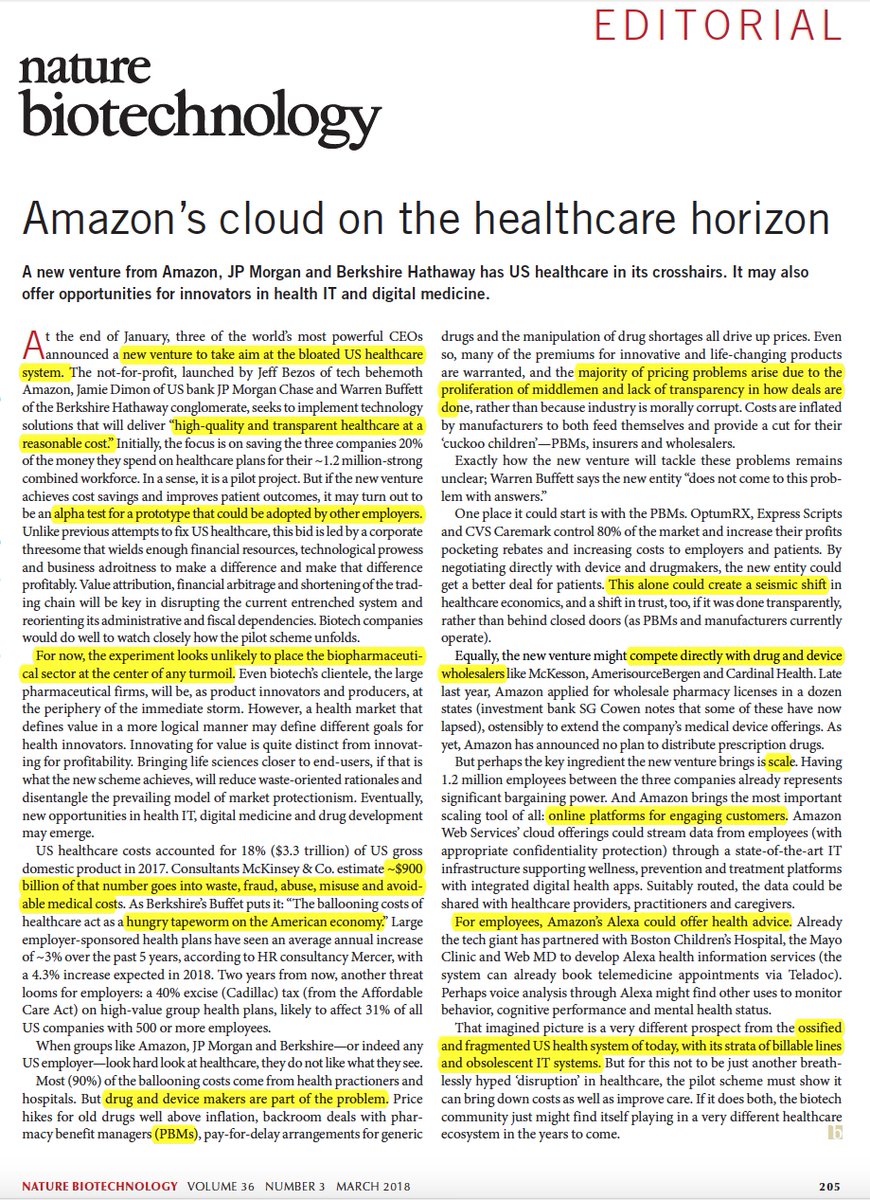 EricTopol's tweet photo. Why the @amazon @jpmorgan @WarrenBuffett entry tor #healthcare is a pivotal pilot experiment https://t.co/dDY2tDJ80i @NatureBiotech #OA https://t.co/Zt2phu0mGw