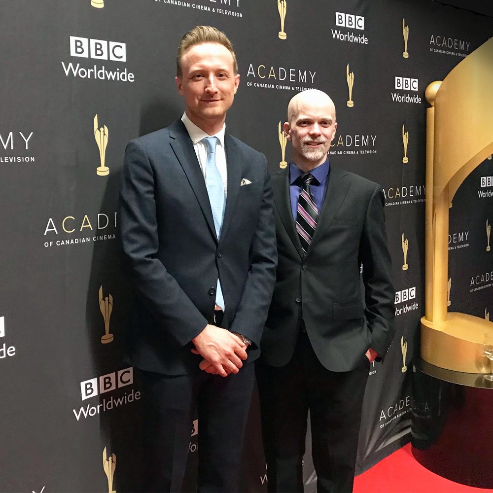Great shot from the Canadian Screen Awards Nominee Reception! Here is @ShuyanSaga's Executive Producer, <a href="/JasonLoftus/">Jason Loftus</a>, with the voice of Master Shan -- Jesse LaChapelle!! #CdnScreenAwards #IndieGameDev #ShuyanSaga