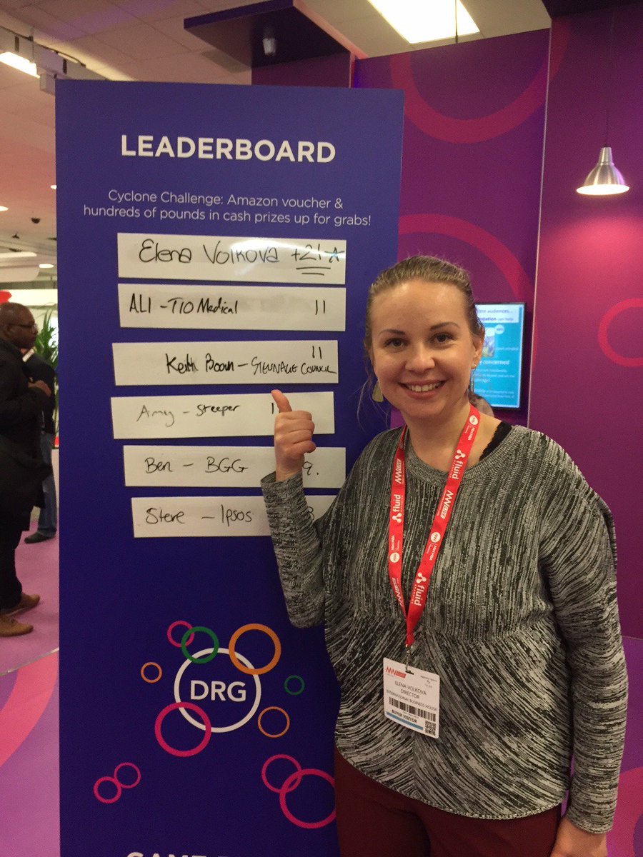 WeAreDRG's tweet photo. *New leader alert!! Elena Volkova has taken the lead with an incredible score of 21. That'll take some beating! #Insight18 #mrx #DRG https://t.co/RY1ATDiBjI