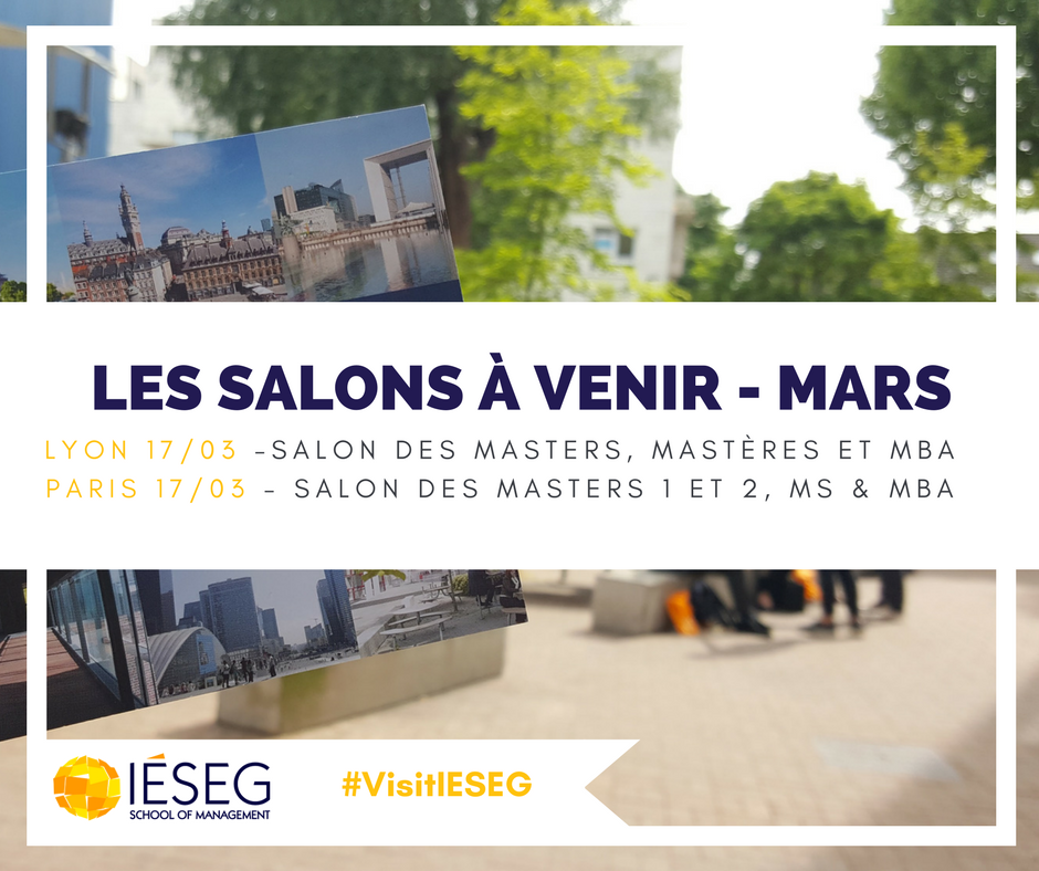 CandidatsIeseg's tweet photo. Voici les prochains #salons où vous aurez l'occasion de rencontrer nos équipes @IESEG ! RDV le 17 mars à @Lyon ou à @Paris 👋🗓 https://t.co/wAlCE9t8xL