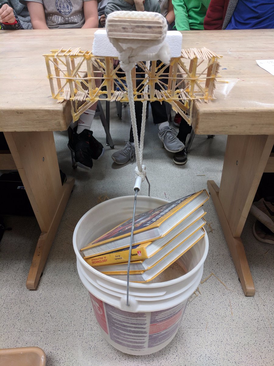 MrGreenUMS's tweet photo. Only have a couple contenders left to beat Mr. Green's 57.7 pound record for toothpick bridges. So far this is the student best at an impressive 51.1 pounds held! We ran out of weight in sand and had to throw the book(s) at it! #weareUMS #fcpsCTE https://t.co/IBjFNQHlJd