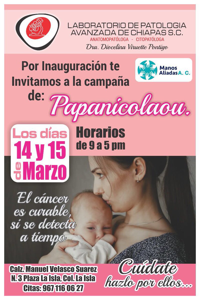 ManosAliadasAc's tweet photo. Manos Aliadas AC y el Laboratorio de #PatologiaAvanzadaDeChiapas te invitan a sumarte a la campaña de Papanicolaou que por segundo año realizamos juntos. https://t.co/xGyxi5pOVu