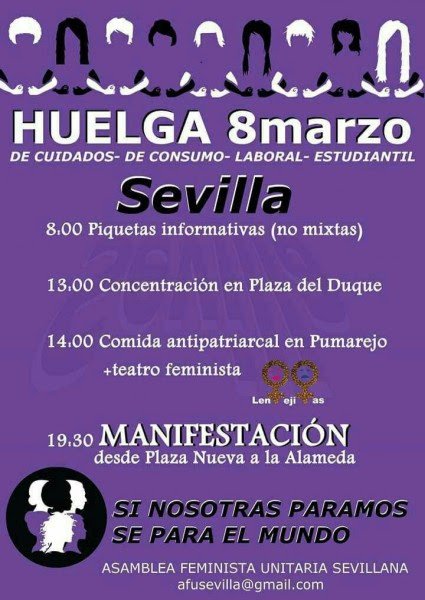 Mañana será un día histórico. En Sevilla no te pierdas el plan para la jornada de huelga #el8demarzoyoparo #DíaDeLaMujer #8mParamos #STOPmachismoM4