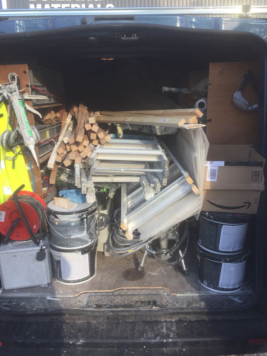 PaintTechUK's tweet photo. Downside to finishing a project is that the van is full to the brim! Just picked up spindles too for this weekends course so off to the Edenbridge Academy to drop everything off #painttech #stackedhigh #spotthetritech https://t.co/rzk9q8w5y0