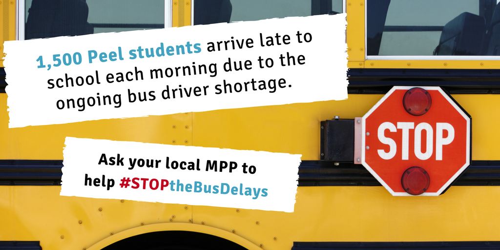 Each day, 1,500+ students arrive 20-90 minutes late for school due to ongoing bus delays, disrupting learning opportunities for ALL students. 

Help us #StoptheBusDelays. Ask your MPP for provincial funding to address the bus driver shortage. More: peelschools.org/stopthebusdela…